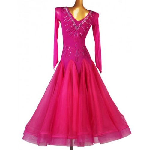 Custom size fuchsia hot pink competition ballroom dancing dresses for women girls kids children waltz tango foxtrot smooth dance long dress for female